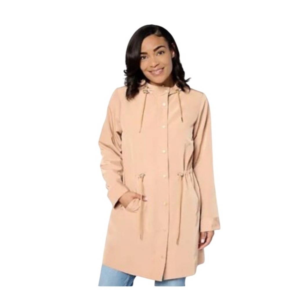 Susan Graver Womens Hooded Long Anorak Jacket 4X Tan‎ Pockets Water Resistant